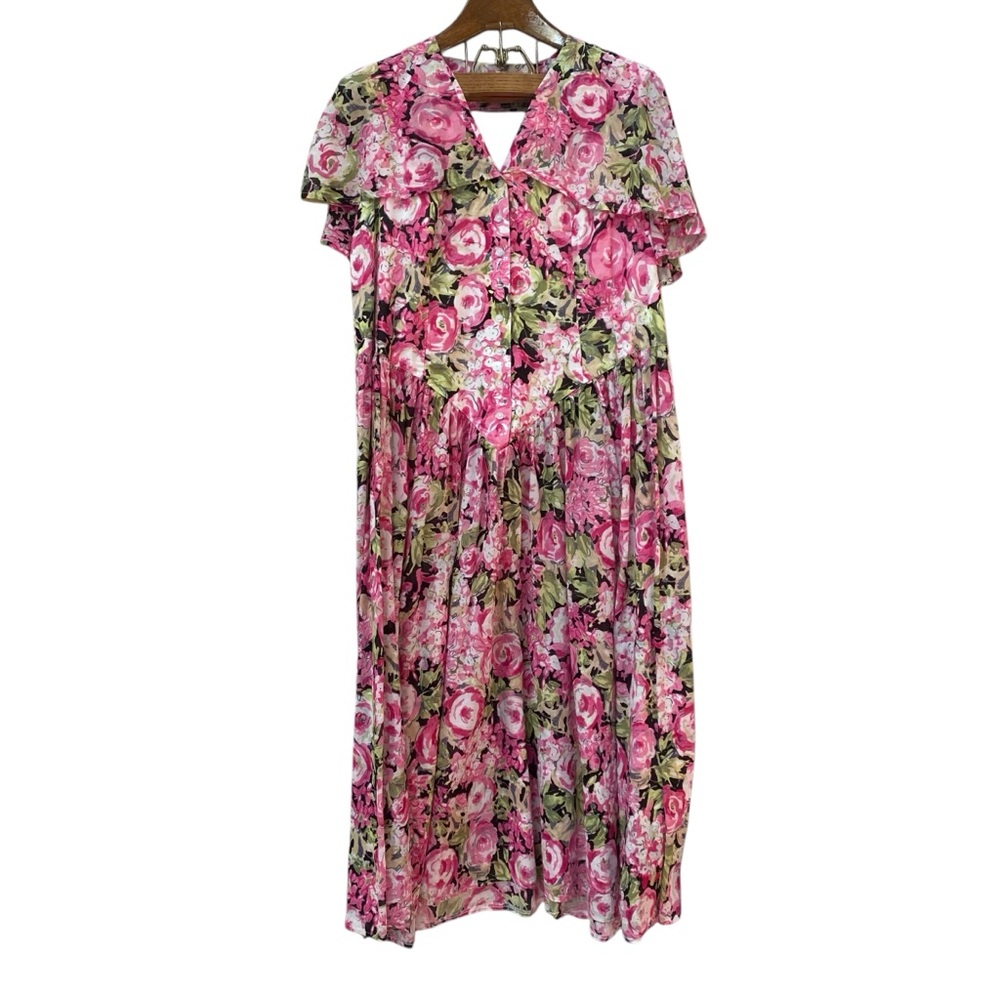 Recollections vintage style Pink Black Green Floral Dress 80s Modest XXL 14 16